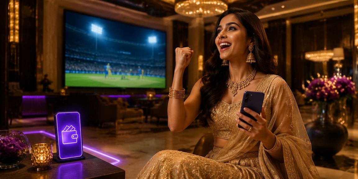 Indian woman making an online deposit in traditional lehenga