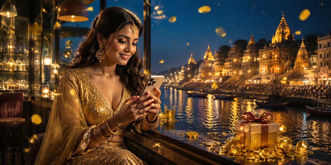 Mobile casino player near Varanasi river ghats in India